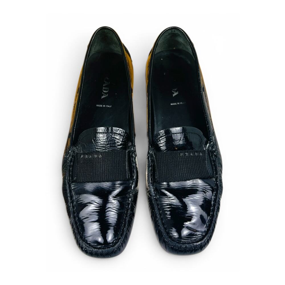 Prada Black Naplak Patent Leather Driving Loafers Logo Tab EU 38.5